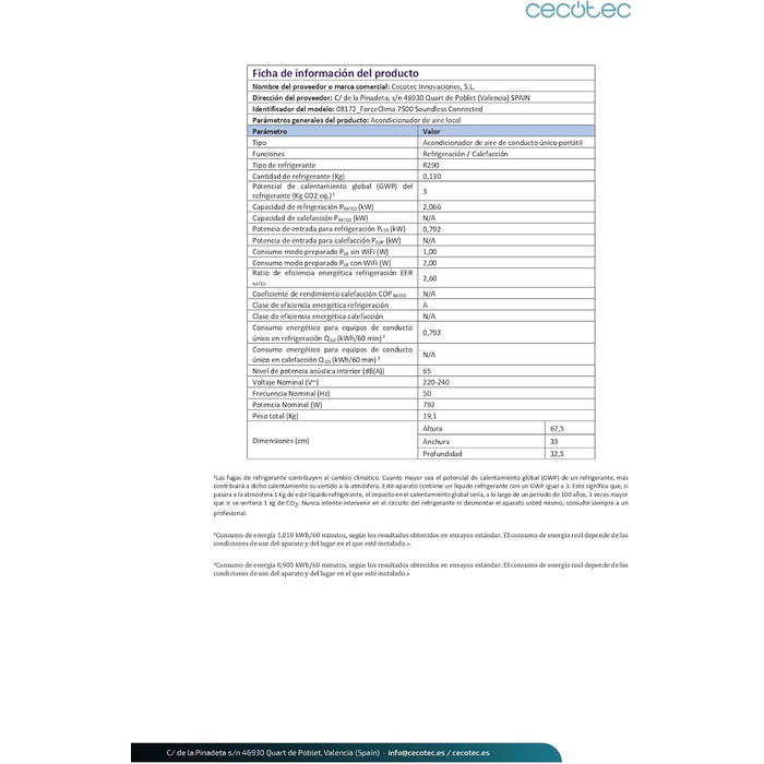 Портативна система кондиціонування Cecotec Forceclima 7400 Touch з пультом та сенсорним керуванням. 7000 BTU, LED-дисплей, 4 режими, 2 швидкості, площа охоплення до 15 м2 (пульт + сенсорне керування + APP)