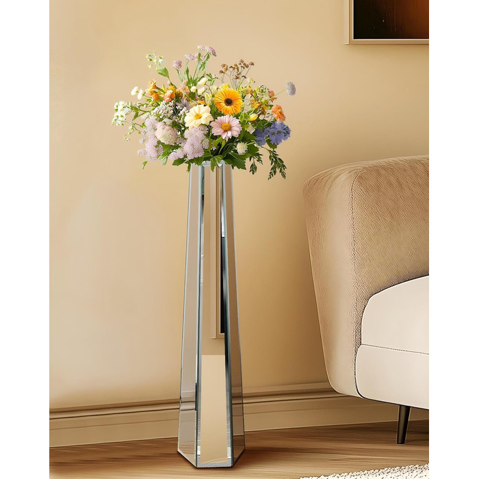 Ваза для квітів на підставці 68 см, срібна з кристалами, для пампасних трав, скляна з дзеркальними діамантами, декоративна, люкс, блискуча ваза для вітальні, декор інтер'єру. Без утримання води (18Ш x 77В см)