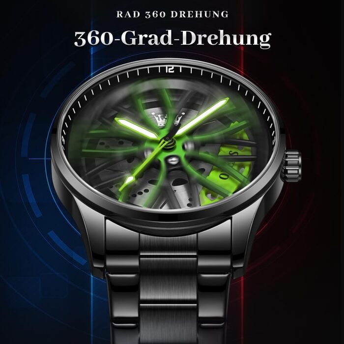 Чоловічий годинник OLEVS 9937 Кварцовий зі спортивним дизайном (диск колеса), сталь, водонепроникний, підсвічування, зелений