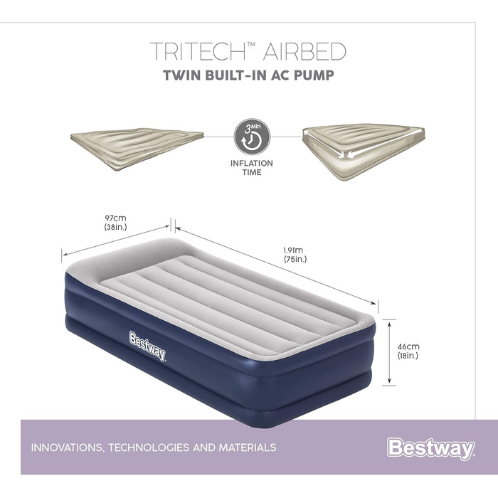 Надувне ліжко Bestway Tritech™ Vento, 191 x 97 x 46 см, односпальне, з вбудованим електронасосом