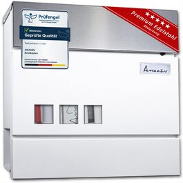 Поштовий ящик з нержавіючої сталі з оглядовим вікном та табличкою для імені, з відділенням для газет, замком (2 ключі), настінний, RAL 7016 (сірий), великий (XXL), білий