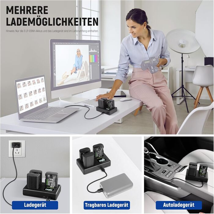 NEEWER Комплект акумуляторів та зарядного пристрою LP-E6NH (3 шт. 2250mAh) з USB зарядкою на 3 слоти, серветка, сумісний з Canon EOS R7, R5, R6, R6 II, R 5DIV, 6DII, 7DII, 80D, 90D