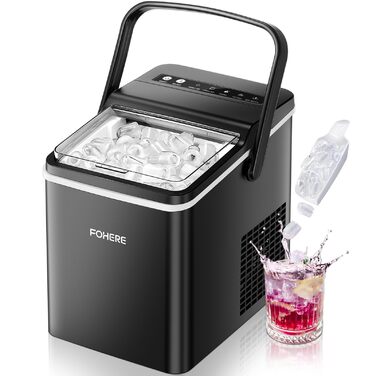 Машина для приготування льоду FOHERE з ручкою, 14 кг/24 год, 9 кубиків льоду за 5 хвилин, 2 розміри, самоочищення, портативна з лопаткою та кошиком – ідеальна для дому, кухні, офісу, кемпінгу, вечірки, RV