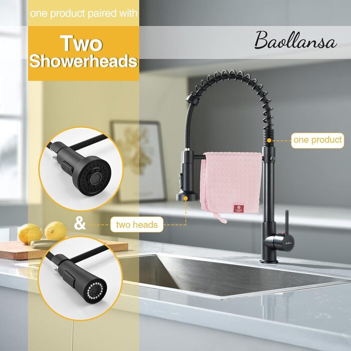 Чорний кухонний змішувач з витяжною лійкою, 360° поворот, 2 режими, нержавіюча сталь