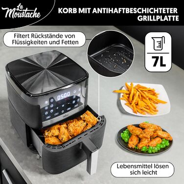 La Moustache Heißluftфритюрниця 7 л, без олії, 1800 Вт, 12 програм, цифрове керування, антипригарне покриття, таймер, книга рецептів, чорна