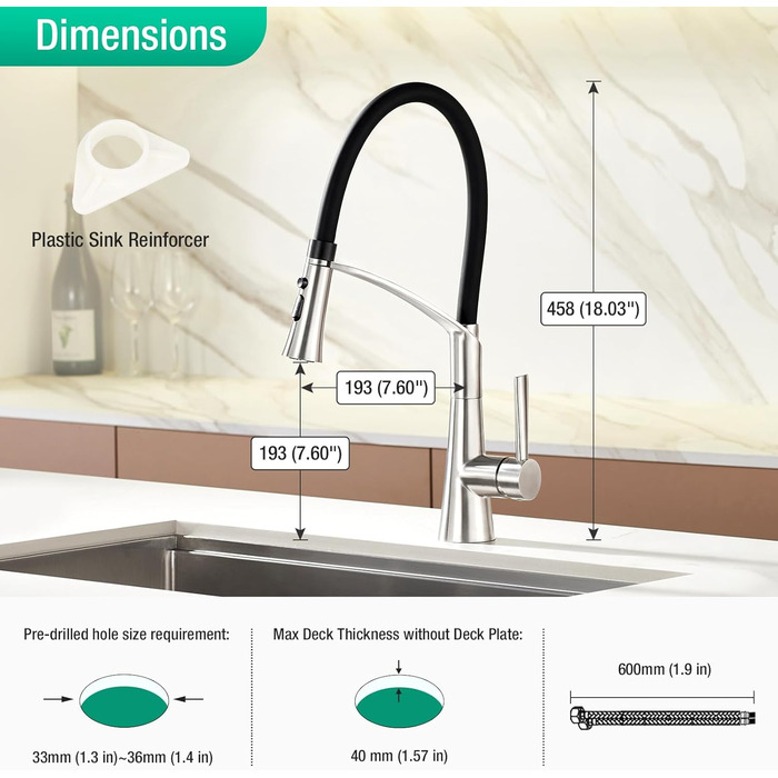 Кран кухонний CREA з 3 функціями: душ, висувна лійка, поворотний вилив, чорний, нержавіюча сталь