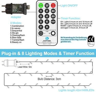 Льо́дкова гірлянда 1400 LED, біла, для дому та саду, вологостійка, 8 режимів, з пультом дистанційного керування та таймером