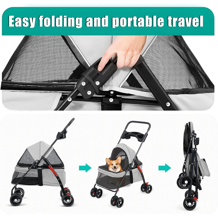 Foldable Pet Stroller for Small Dogs & Cats - 360° Swivel Wheels, Double Locking, Adjustable Canopy, Grey Mesh