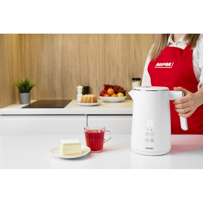Електричний чайник MPM MCZ-120 1,5L з подвійними стінками, регулюванням температури 40–100°C, нержавіюча сталь, 2200W, тихий, швидкий, сенсорне управління, легкий, елегантний, білий