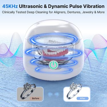 Ультразвуковий очищувач, 45000 Гц, 200 мл, для зубних протезів, альгінаторів, брекетів, зубних щіток, ювелірних виробів (білий)
