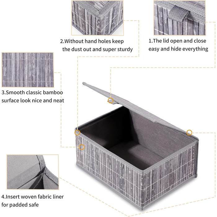 Honeycomb Storage Basket with Lid, Woven - Bamboo Decor Storage Boxes, Set of 3 Rattan Basket with Lid Woven Fabric Insert for Bathroom Kitchen Shelf Organization (Large/Medium/Small) (Gray Marble)