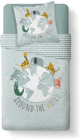 Комплект постільної білизни для ліжечка Kinderbettwäsche: 2-Piece Set з тваринами та глобусом - ковдра 135x200 + подушка 80x80 см, закривається на блискавку. Підходить для хлопчиків та дівчаток. 100% бавовна, ренфорсе, приємна до шкіри, сертифікат Oeko-Te