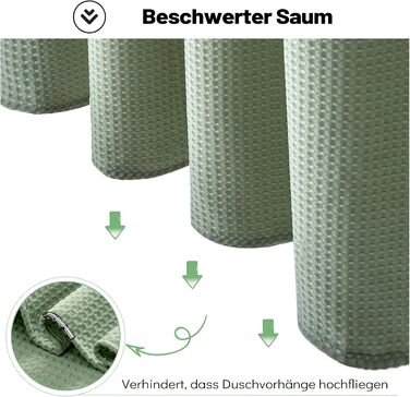 Шторка для душу BTTN вафельна, 180x200 см, антигрибкова, важка, водонепроникна, текстильна, з 12 гачками, зелена