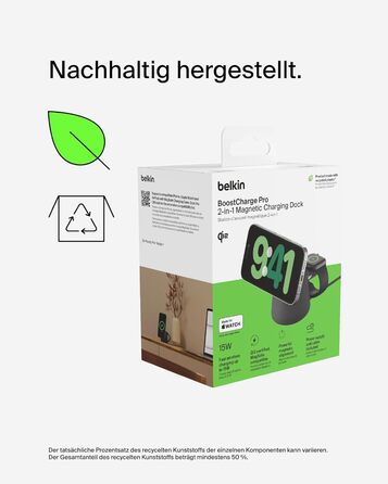 Belkin BoostCharge Pro 2-в-1: Бездротова зарядка Qi2 15W MagSafe для iPhone, Apple Watch, AirPods (Чорний)