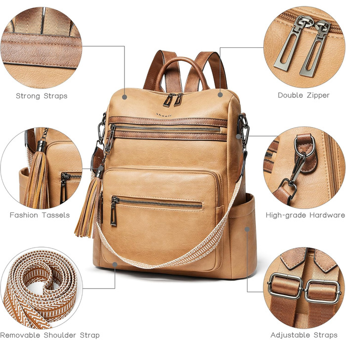 Шкіряний рюкзак-трансформер для жінок Shrrie: стильний рюкзак, сумка через плече, рюкзак для подорожей (бежевий/коричневий)