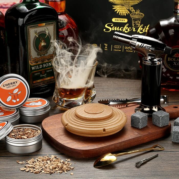 Dad Gift Christmas, Cocktail Smoker Kit, Whiskey Stones, Torch Lighter, Old Fashioned Whiskey Smoker Drinks Kit, Cocktail Accessories for Drinks, Bourbon-Walnut (Butane Not Included) (Beech Torch)