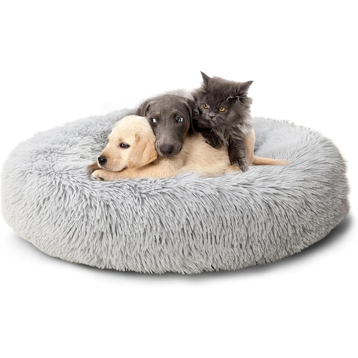 Кругле ліжко для собак та котів Caliyo, середнього розміру, 70 см (діаметр), світло-сіре, м'яке, знімний чохол, для прання та сушіння