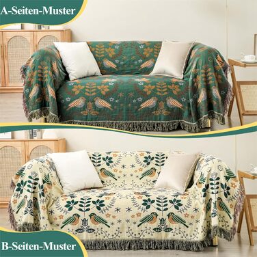 HOORDRY Boho Throw Blanket for Bed - 100% Cotton Ultra Soft Rustic Quilt - Bird Floral Printed Farmhouse Decor Bedspread, 200×230CM All Season Rustic Throw for Sofa Couch Chair Green Bird 200×230CM