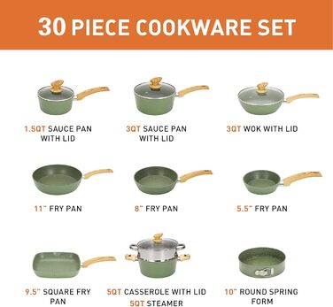 Набір каструль та сковорідок DishDelight 30 предметів з антипригарним покриттям з граніту. Набір каструль, сковорідок з кришками з термостійкого скла. Зелений колір.