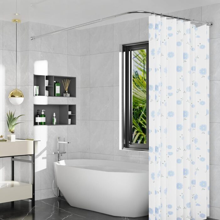 Регульована штанга для душу L-Form, нержавіюча сталь, 68–96 см × 68–96 см, водовідштовхувальна, з 12 кільцями, комплект гвинтів, 90 градусів