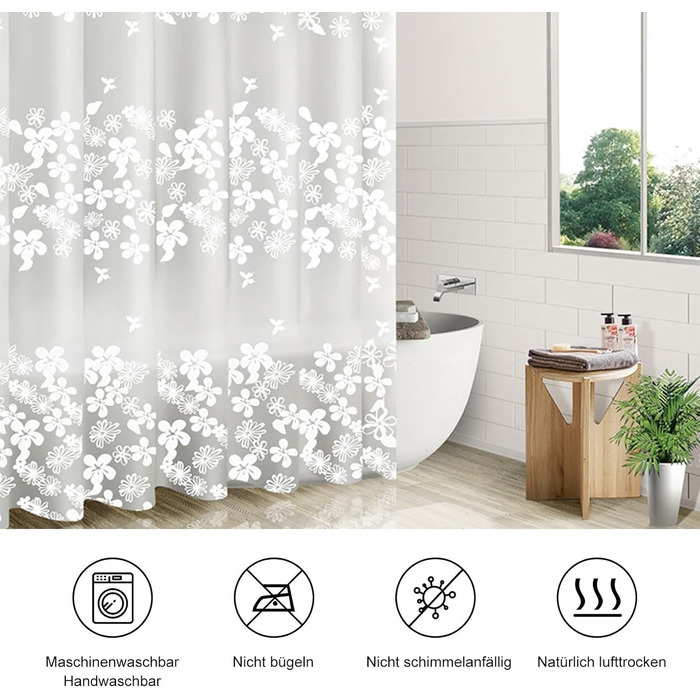 Штора для душу миюча біла, прозора 300x200 см, PEVA, з малюнком квіти-сніжинки, антигрибкова, для ванної кімнати