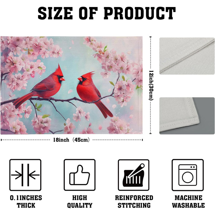 Giwawa Placemats with Spring Birds, 30.5 x 45.7 cm, red bird, cherry blossoms, floral pattern, stain-resistant, heat-resistant, linen, placemats for kitchen, dining table, seasonal party, indoor and