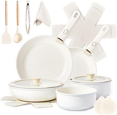 Набір каструль LEADZM з керамічним покриттям (22 шт.) - сумісний з усіма плитами, без PFOA/PFOS, бежевий