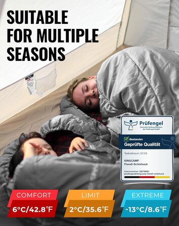 Сплячий мішок KingCamp XXL з бавовни фланелі для дорослих, великий, теплий, зимовий, для кемпінгу, подорожей та активного відпочинку на природі (4 сезони), 220x100 см (#Klassisch Grau)