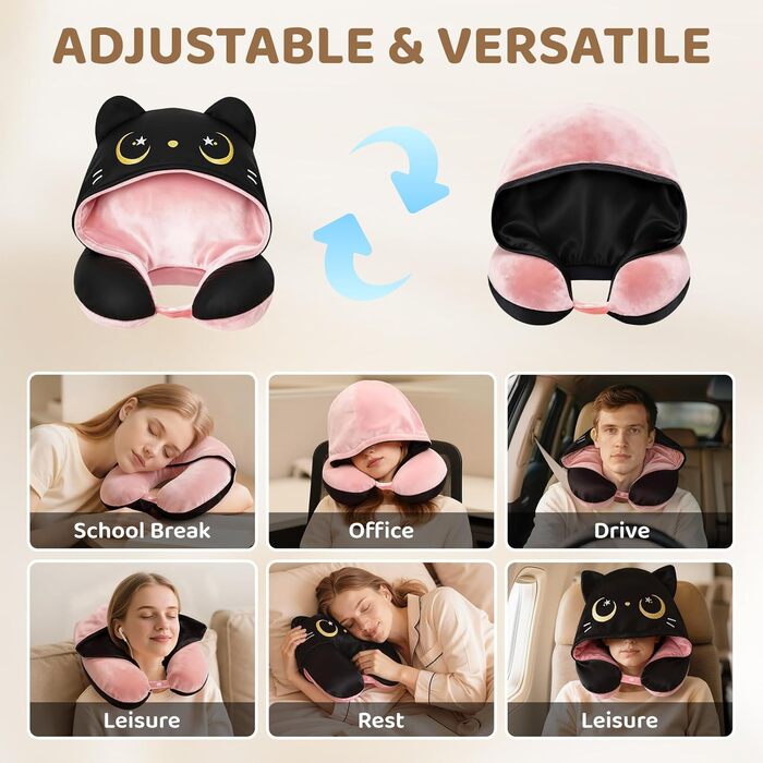 Подушка для шиї Mewaii з капюшоном, двостороння, для дітей та дорослих, милий дизайн котика, захист приватності, м'яка піна Memory Foam, подушка для подорожей на літаку та в авто (Рожева)