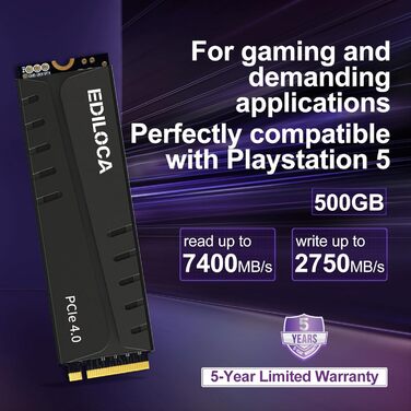 SSD накопичувач 500GB NVMe M.2 PCIe Gen4 з радіатором для PS5, ноутбука та ПК, 7400 MB/s, 3D NAND TLC