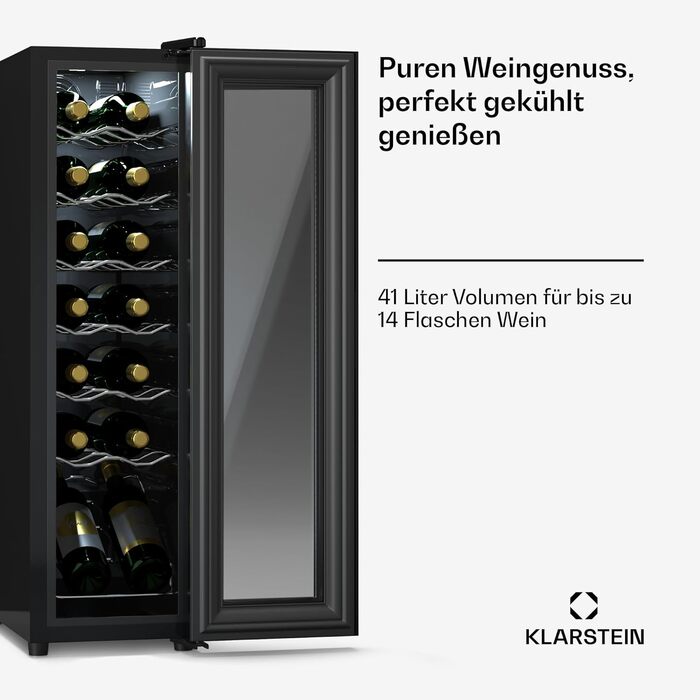 Klarstein Wine Refrigerator - 1 Zone Compact Wine Cooler, 42L Capacity, Glass Door, Indoor/Outdoor Use, 5-18°C, 16 Bottle Wine Fridge
