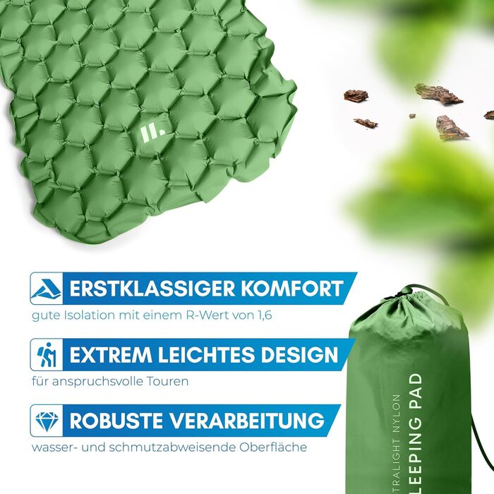 Килимок для кемпінгу NORDMUT® Isomatte Outdoor з ремкомплектом | Легкий килимок для туризму, пікніків та відпочинку на природі - компактний, зелений