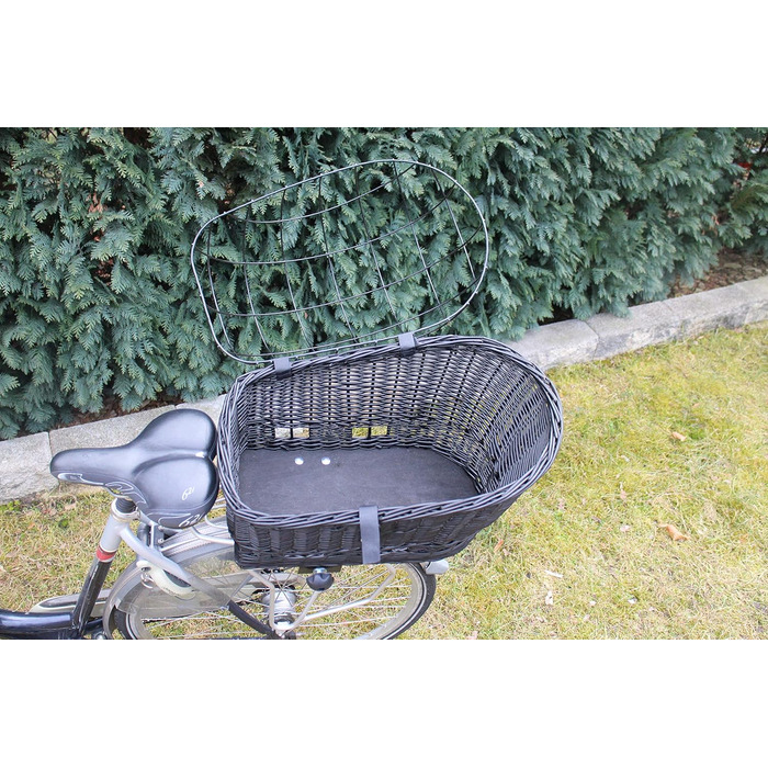 Корзина для велосипеда для перевезення багажу з лози з металевою сіткою та подушкою, чорна XL або XXL. Підходить для собак та інших тварин. Розміри: 56 x 36 x 45 см (XL без подушки)