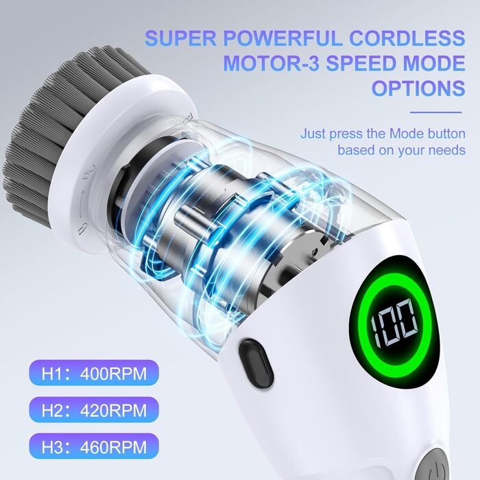 Електрична щітка для чищення з 8 насадок, регулювання швидкості, LED дисплей - для ванної, кухні, авто