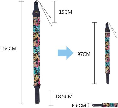 Гітарний ремінь Rayzm для акустичної, електрогітари та бас-гітари з баскліком та дизайном черепа, 6.5 см, для дорослих