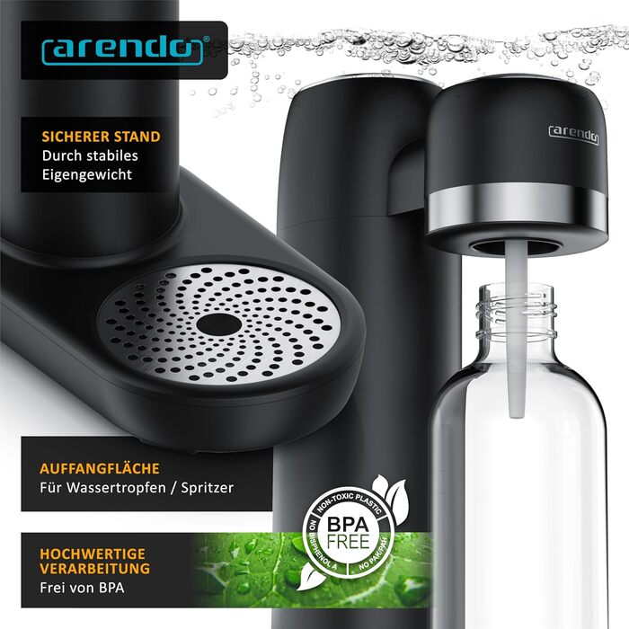 Arendo Soda Maker: Газова вода вдома - содовий напій, пляшка 1000 мл, BPA free, сумісний з CO2 балонами 60 л, чорний
