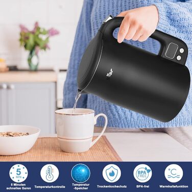 Bear 1.7L Stainless Steel Electric Kettle with Precise Temperature Control (40°C - 100°C), 1800W, Boil-Dry Protection, Double Anti-Scald, BPA-Free, LCD Display