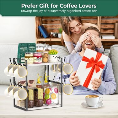 EsLuker.ly 2-Tier Mug Holder and Cup Stand, Mug Shelf for Coffee Cups, Coffee Organizer for Countertop, Coffee Station Organizer with Mug Holder, Vintage Brown-Black (14.4