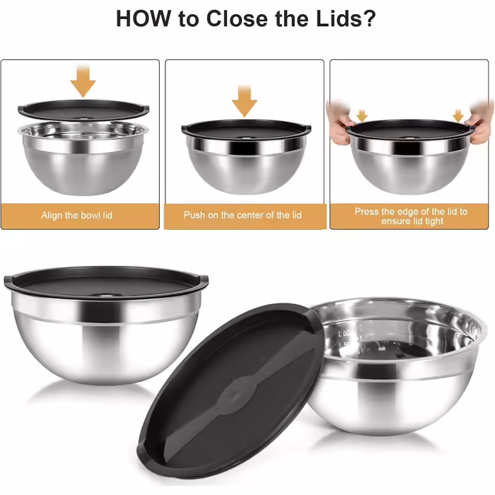 Stainless Steel Bowl Set, 7-Piece, Stainless Steel Mixing Bowls, Salad Bowls, Kitchen Bowls with Lids, Multifunctional Bowls, Nesting