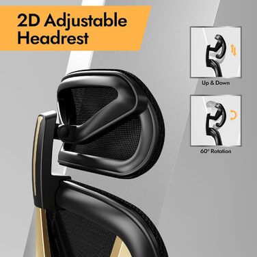 Ергономічне офісне крісло HOLLUDLE з 3D поперековою підтримкою та регульованими підлокітниками, V-подібна спинка, чорно-золоте