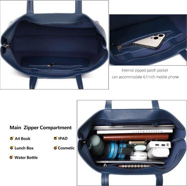 Жіноча сумка-шопер Tote Bag з PU шкіри для роботи, школи, покупок, темно-синя з блискавкою та внутрішніми кишенями