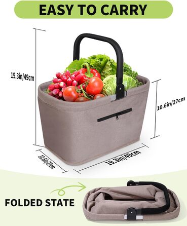 Складаний кошик для покупок 35L з 2 стійками, стабільний сімейний кошик з алюмінієвою ручкою, водонепроникний кошик для пікніка, практичний кошик для перенесення, великий для подорожей, кемпінгу, покупок, подарунка - Хакі