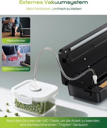 Вакуумний пакувальник 5-в-1 для продуктів харчування: сухий/вологий режим, зберігає свіжість до 7 разів довше, 70 кПа, вбудований різак, шланг, 10 пакетів