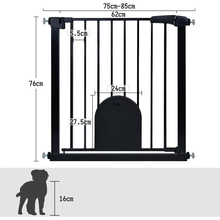 Захист для сходів HENGMEI: металеві ворота-сітка для дітей без свердління, автоматичне закриття, 75-85 см (чорний, з люком для тварин)