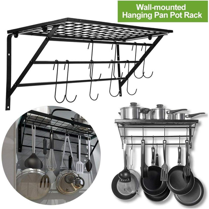 Ejoyous Kitchen Shelf Pan Shelf Kitchen Storage, Kitchen Wall Shelf Kitchen Wall Shelf Kitchen Holder Pan Holder with 10 S-shaped Hooks for Hallways Kitchen Bathrooms 60 x 25 x 25 cm