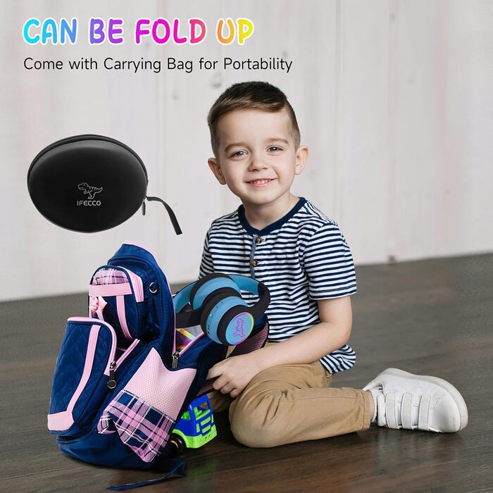 Дротові навушники IFecco для дітей з мікрофоном, Bluetooth, LED-підсвітка, чохол, колір чорний/синій