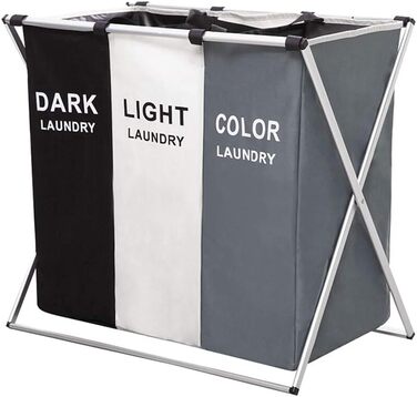 UHAPEER Laundry Basket 3 Compartments Large Foldable Dirty Clothes Basket Waterproof Laundry Collector Space Clothes Classification Light/Dark/Dyed (68 * 38 * 60cm, 3 Compartments)