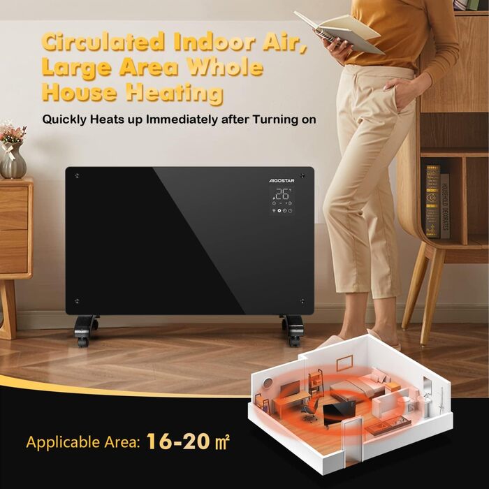 Електричний конвектор Aigostar з термостатом та Wi-Fi керуванням, 2000W, для приміщень до 30 м², чорний (2 шт.)