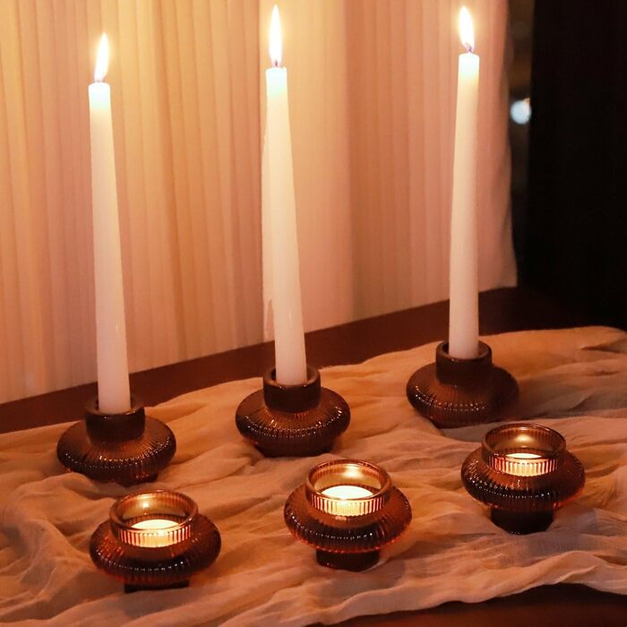 VOHO Candle Holders, Ribbed Glass, Stylish Boho Candle Holders, Stackable and Reversible, for Candle Stands and Votive Candles, e Candle Holders, Table Decor, Set of 18 (Brown)