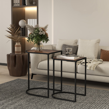 HOMCOM 2-Piece Couch Table Set, Square Side Table, Coffee Table with Steel Frame, Stackable Sofa Table, for Living Room, Holds up to 20 kg, Brown+Black | Aosom